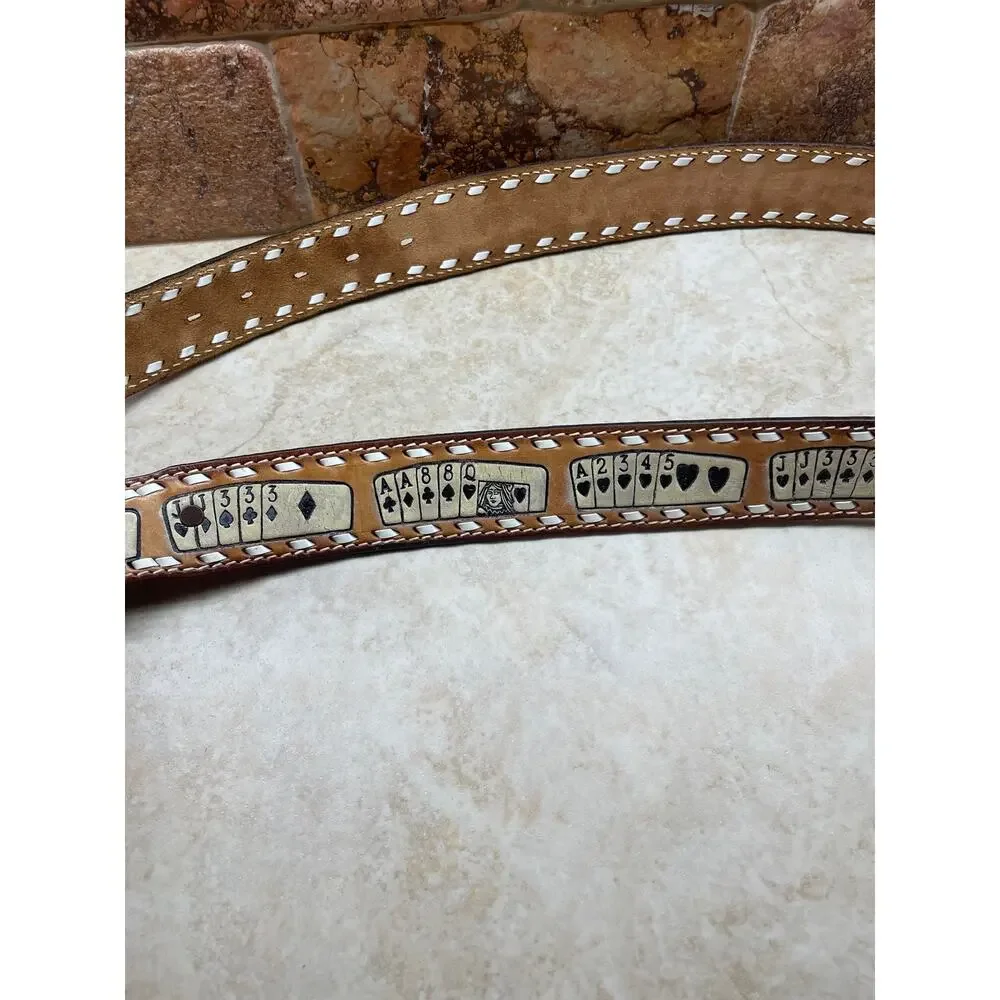 American Belt Co Size 42 Playing Cards Phil Hand Painted Steer Hide Leather Belt